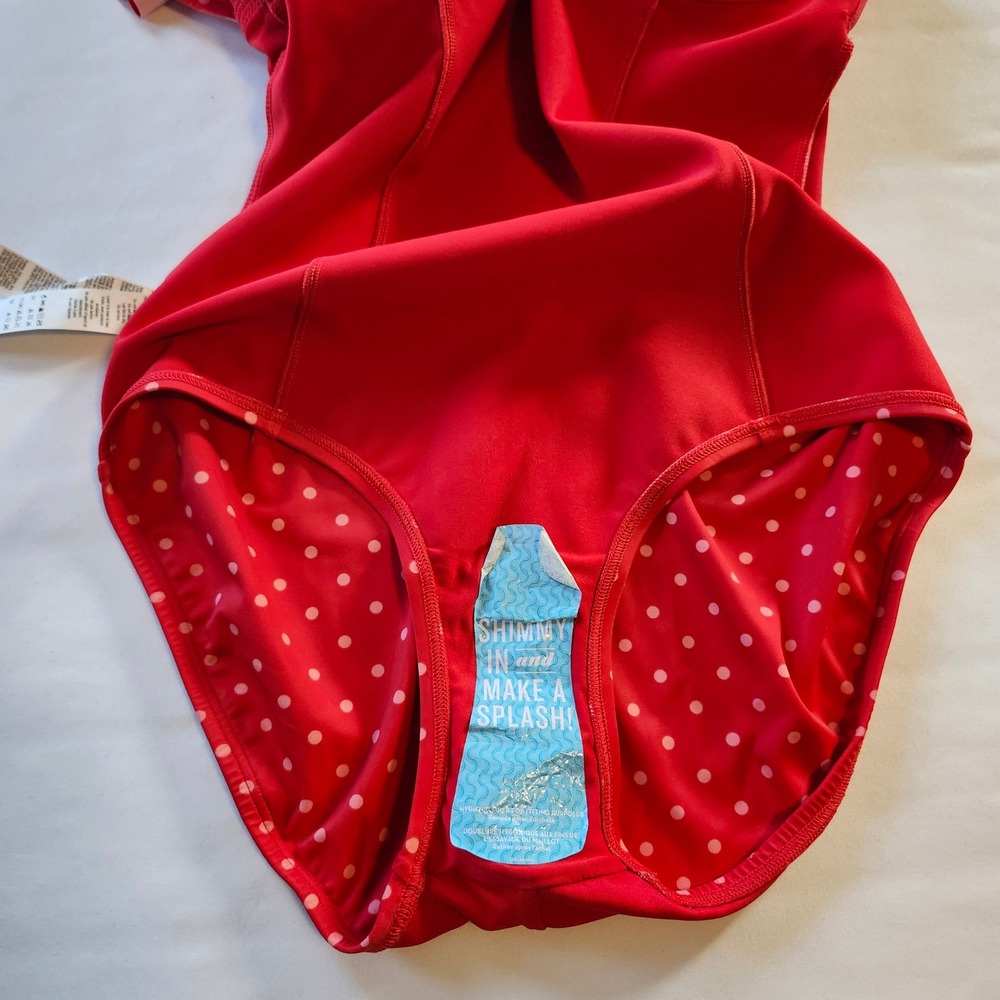 NEW Spanx Red Polka Dot Strapless Ruffle One Piece Swimsuit Tummy Control Sz 10 - Picture 5 of 5